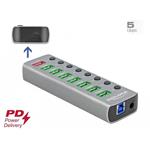 Delock 7-portový USB 3.0 hub, 1x rychlonabíjecí port, 1x USB-C PD 3.0, vypínače a osvětlení