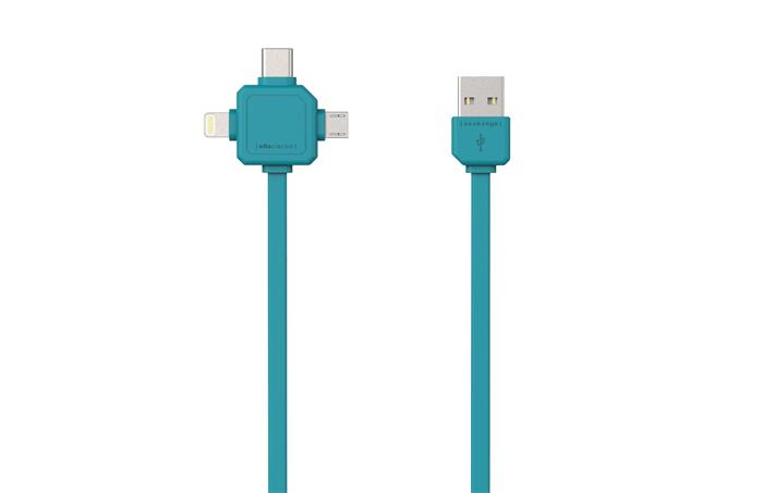 PowerCube USBcable USB-C CABLE, Blue, multi-vidlice (MicroUSB, Apple Lithning, USB-C), kabel 1,5m