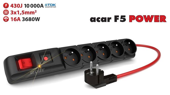 Acar F5 10m kabel, 5 zásuvek, přepěťová ochrana, max.proud 16A, černý