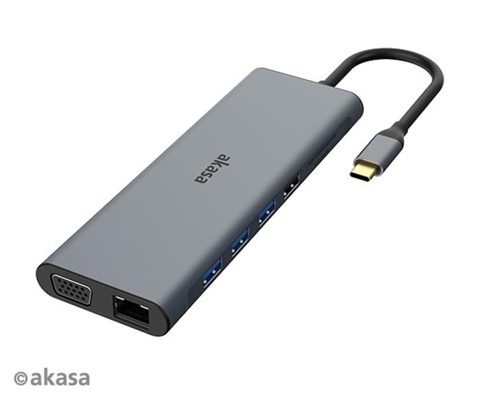 AKASA dokovací stanice 14v1 USB-C (power+data), USB 2.0, 2xHDMI, VGA, RJ45, USB 3.2, čtečka karet, 3,5mm jack