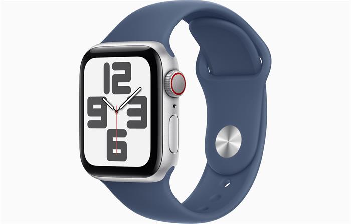 Apple Watch SE (2024) Cellular 44mm Stříbrný hliník s denimovým sportovním řemínkem M/L
