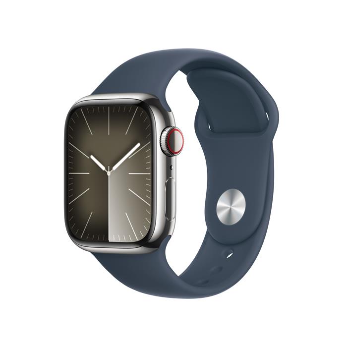 Apple Watch Series 9 Cellular 41mm Stříbrná ocel s bouřkově modrým sportovním řemínkem M/L