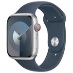 Apple Watch Series 9 Cellular 45mm Stříbrný hliník s bouřkově modrým sportovním řemínkem M/L