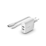 Belkin Duální domácí USB nabíječka 24W, lightning kabel, bílá