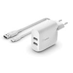 Belkin Duální USB-A domácí nabíječka 2x12W, USB-C kabel, bílá