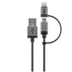 CABSTONE micro USB + Lightning USB kabel, opletený, 1m, černo-stříbrný