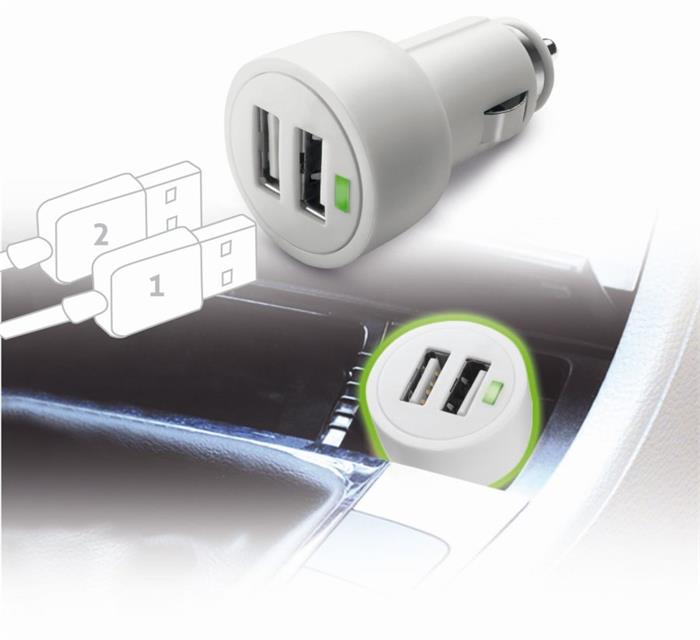 Cellularline Dual Ultra, USB autonabíječka vhodná pro iPad, 2x USB, 15W/3A, bílá
