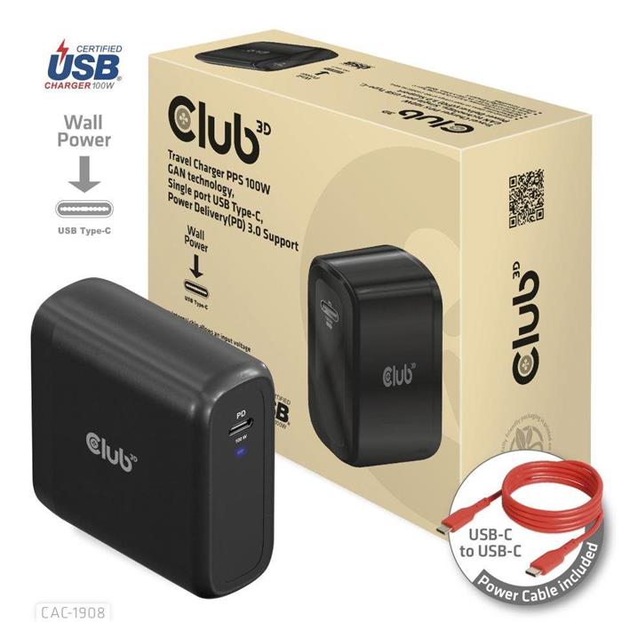 Club3D cestovní nabíječka 100W GAN technologie, USB-IF TID certified, USB Type-C, Power Delivery(PD) 3.0 Support