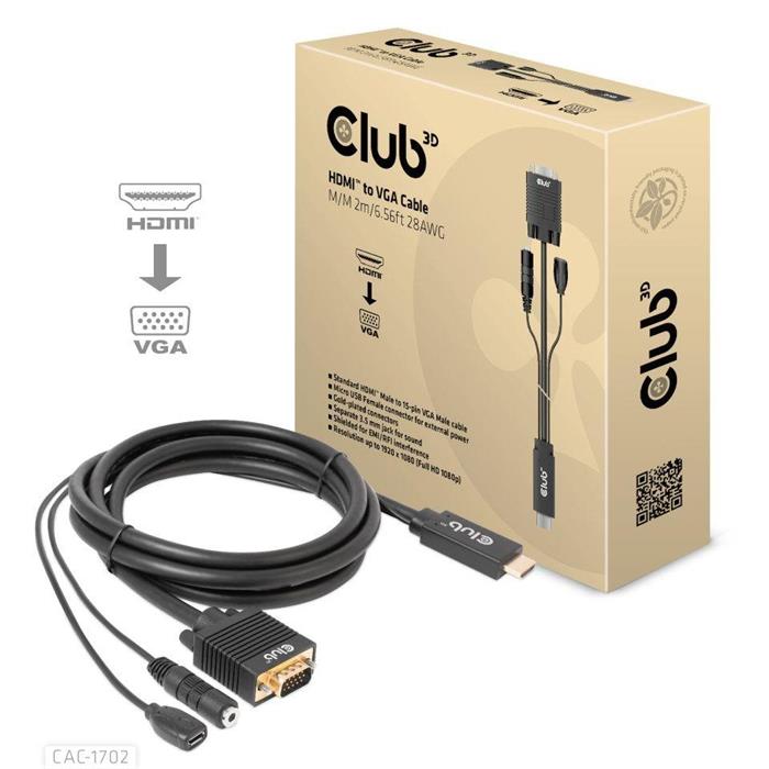 Club3D kabel HDMI na VGA + audio jack, 2m, černý