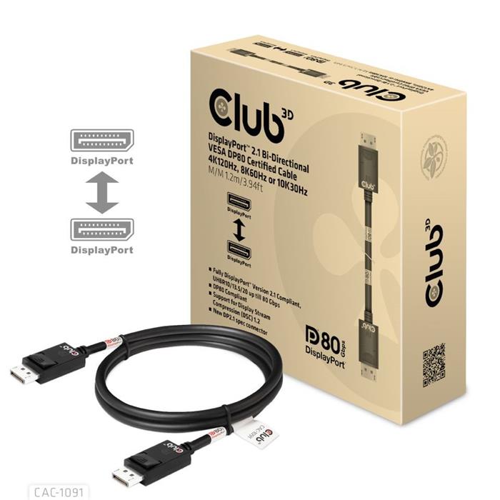 Club3D propojovací DisplayPort 2.1 kabel, 1.2m, černý