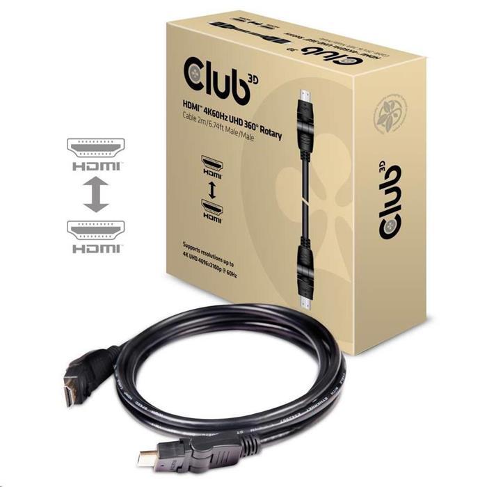 Club3D propojovací HDMI 2.0 kabel s otočnými konektory, 2m, černý