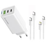 COLORWAY 2x USB-C, 1x USB-A/ síťová nabíječka/ GaN/ PD/ PPS/ 65W/ Včetně 2x kabelů, USB-C-USB-C, USB-C-Lightning/ Bílá