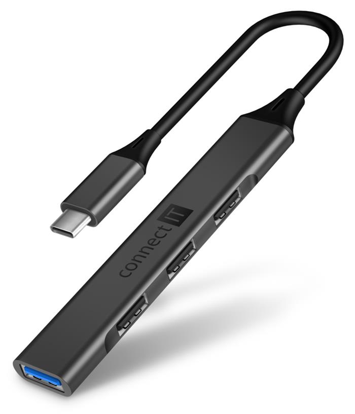 CONNECT IT kompaktní USB-C hub, 1xUSB 3.0, 3x USB 2.0, antracitový