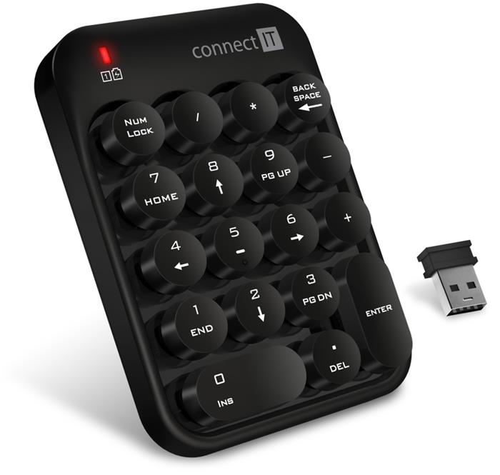 CONNECT IT NumCALC bezdrátová numerická klávesnice, (+ 1x AAA baterie zdarma), USB, ČERNÁ