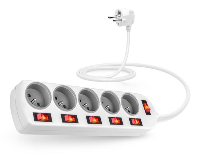 CONNECT IT prodlužovací kabel, 5 zásuvek, 2 m, s vypínači, bílá