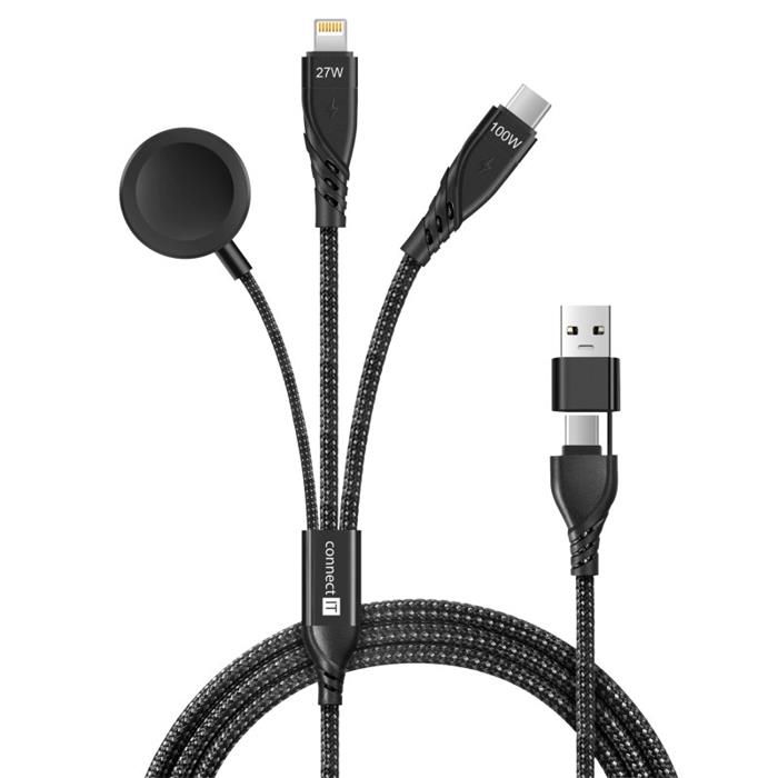 CONNECT IT Wirez 6v1, nabíjecí kabel USB-C, Lightning, Apple Watch, 1.25m, černá