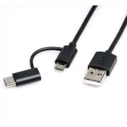 Roline propojovací USB 2.0 kabel, USB-A -> micro-B + USB-C, 1m, černý