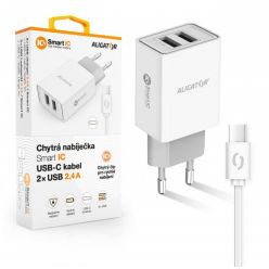 ALIGATOR Chytrá síťová nabíječka 2,4A, 2xUSB, smart IC, bílá, USB-C kabel
