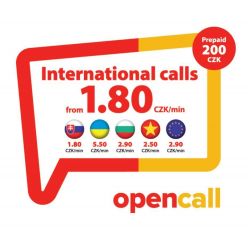 Předplacená SIM karta OpenCall s kreditem 200 Kč, volání do všech sítí v ČR 1,80 Kč/min bez nutnosti dobíjení, Slovensk