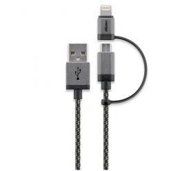 CABSTONE micro USB + Lightning USB kabel, opletený, 1m, černo-stříbrný