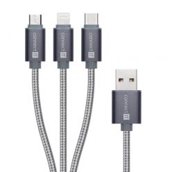 CONNECT IT Wirez 3in1 USB-C + Micro USB + Lightning, 1.2m, stříbrný