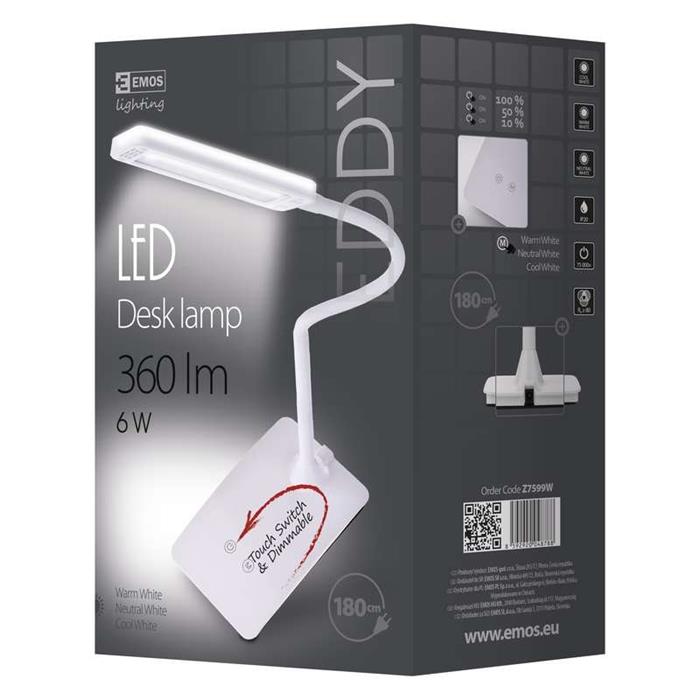 Emos LED stolní lampa Eddy, 6W, 360 lm, stmívatelná + barva světla, bílá