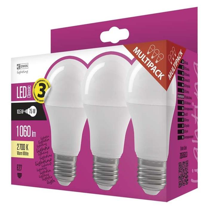 Emos LED žárovka Classic A60, 10.5W/75W E27, teplá bílá, 3 PACK