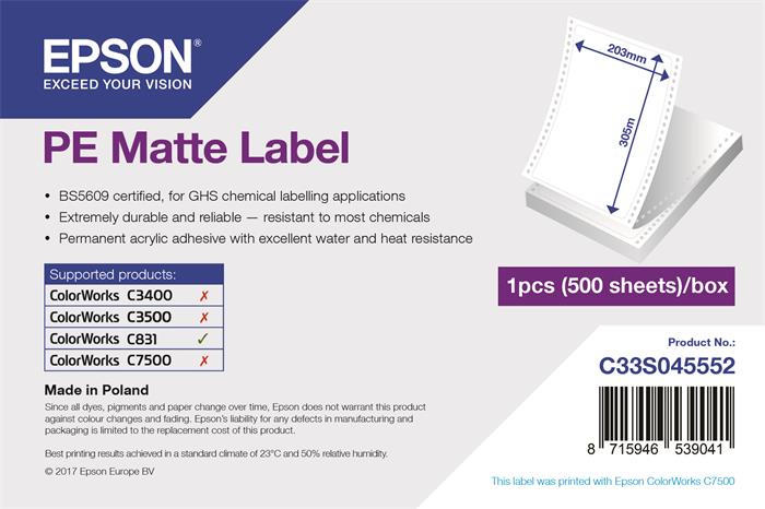 EPSON PE Matte Label - Die-cut Fanfold sheets with sprockets: 203mm x 305mm, 500 labels