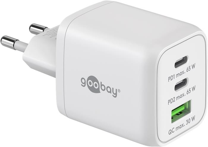 goobay Napájecí a nabíjecí adaptér 230V na 2x USB-C a 1x USB-A PD (Quick charge) 65W, bílý