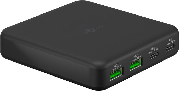 goobay PD GaN (65 W) USB nabíječka, 2x USB-C, 2x USB-A, černá