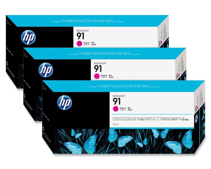 HP 91 Trojbalení purpurové inkoustové kazety, 775 ml