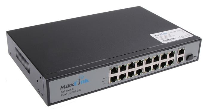 MaxLink PoE switch PSAT-19-16P-250, 18x LAN/16x PoE 250m, 1x SFP, 802.3af/at, 150W, 10/100Mbps