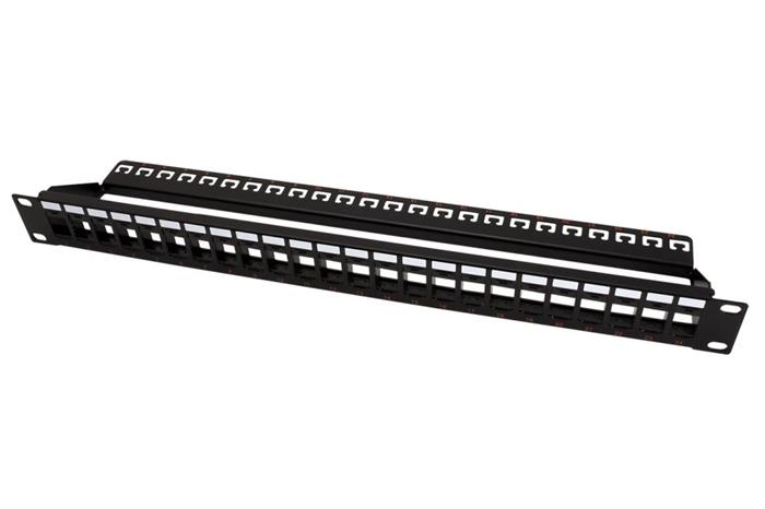 Patchpanel pro keystone 19" kat. 5 / 6 / 6a UTP, 24 portů, neosazený, s vyvazováním, černý