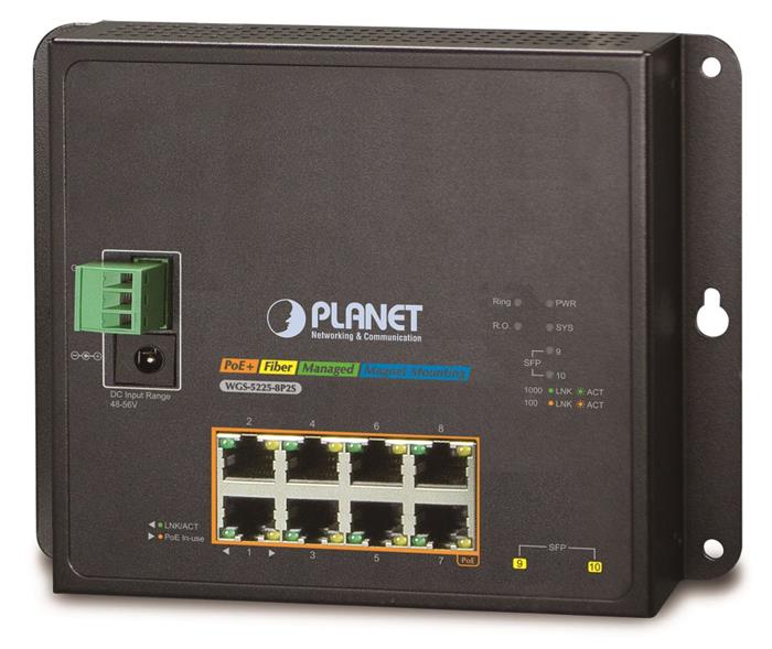 Planet WGS-5225-8P2S nástěnný PoE switch 8x1000B-T,2x SFP, Web/SNMP, L3, 802.3at 240W,-40~75°C, fanless