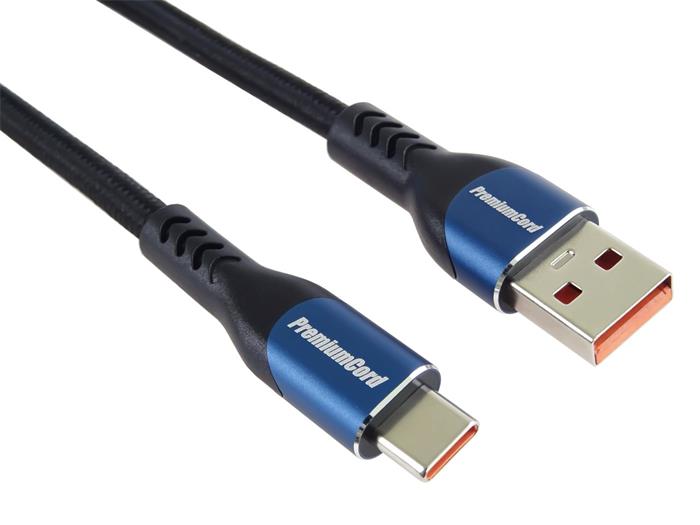 PremiumCord Super fast charging 5A kabel USB-C - USB 2.0 A bavlněný oplet 2m