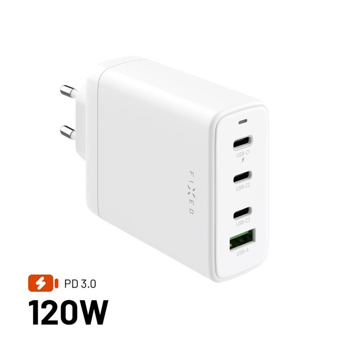 Síťová GaN nabíječka FIXED s 3xUSB-C a USB výstupem, podpora PD 3.0, 120W, bílá