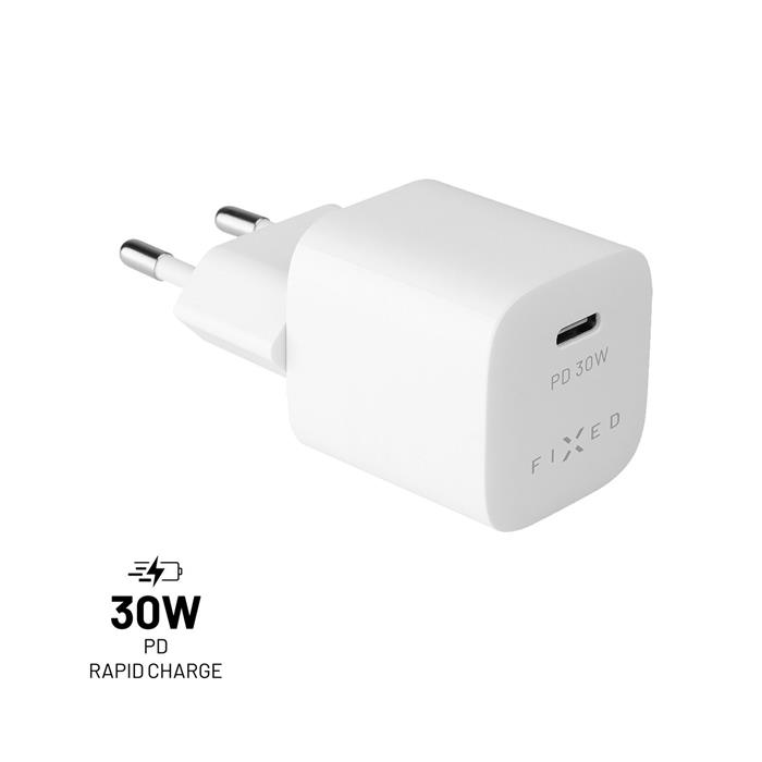 Síťová nabíječka FIXED Mini s USB-C výstupem a podporou PD, 30W, bílá