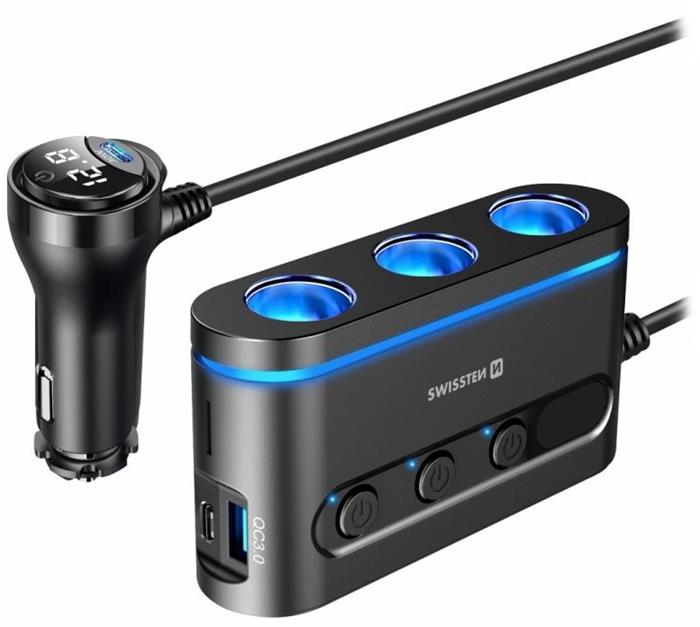 Swissten autoadaptér s výstupem 3x CL, 2x USB-C PD a 1x USB 3.0, 108W - 216W