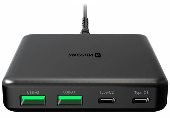 Swissten mini desktop adaptér GaN 2x USB-C + 2x USB, 65W, černý