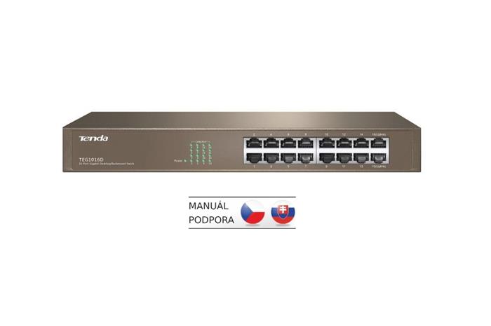 Tenda TEG1016D - 16x Gigabit Switch, Fanless-bez ventilátorů, Rackmount, ochrana proti přepětí