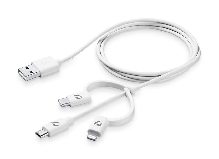 USB kabel CellularLine se třemi adaptéry Lightning + Micro USB + USB-C, bílý